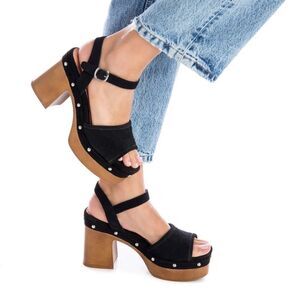 New Carmela Black Suede Wood Block Heel Studded Platform Sandal - 38 US 7.5